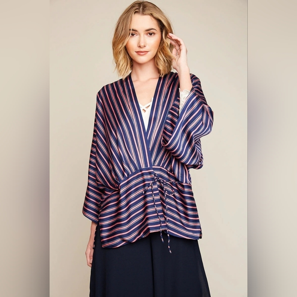 Hayden LA Navy Blue Women's Striped Kimono Blouse Top Plus Size 1XL